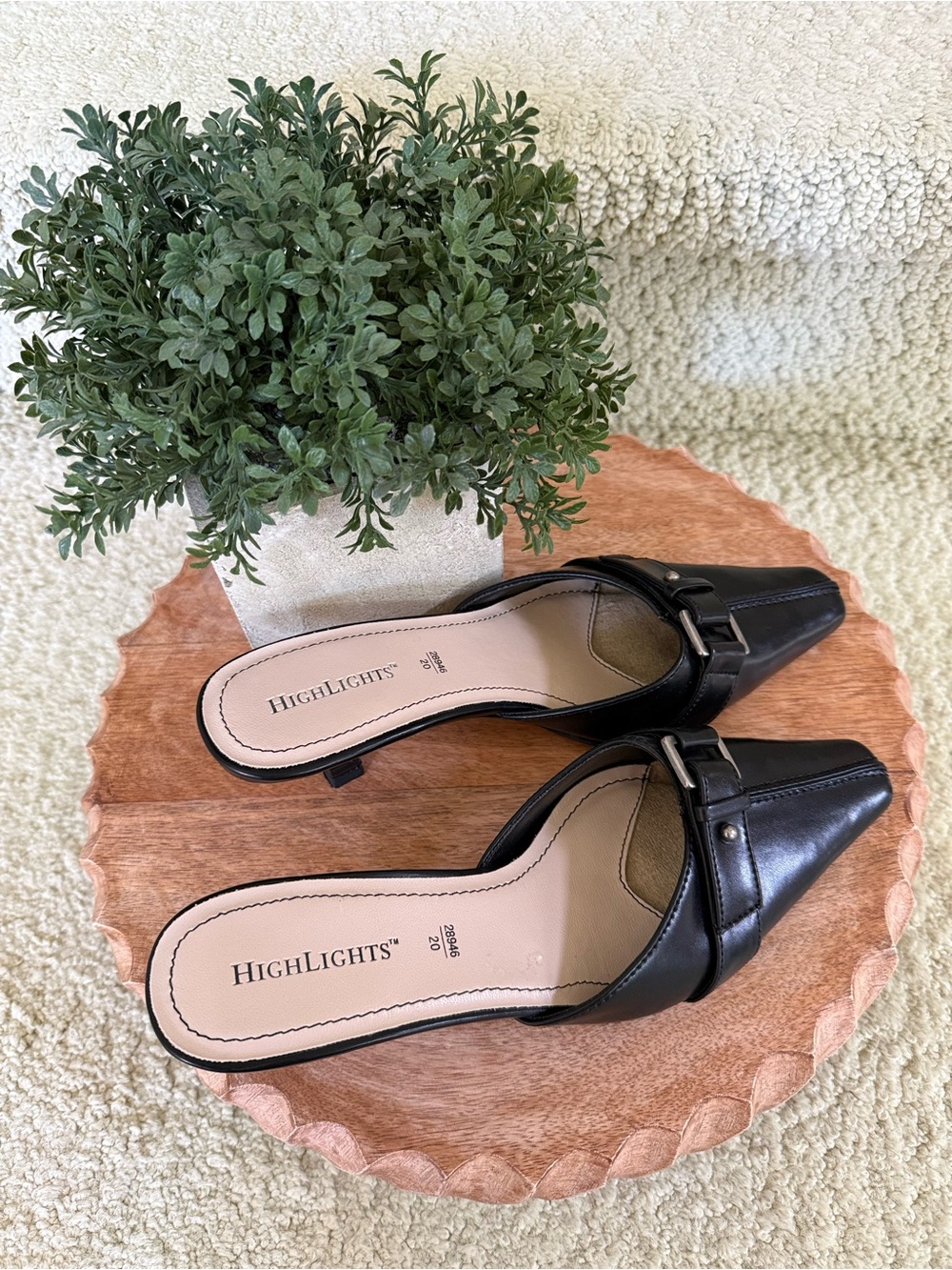 Highlights Black Vegan Leather Mule Heels with Buckle. - Picture 2 of 8